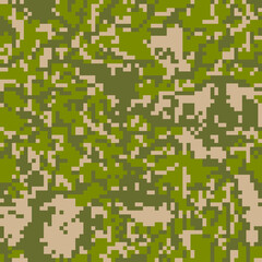 Pixel camouflage seamless pattern. Vector illustration for printing on cloth, textile, wallpaper, paper, wrapper. Green color camo, background in military style.