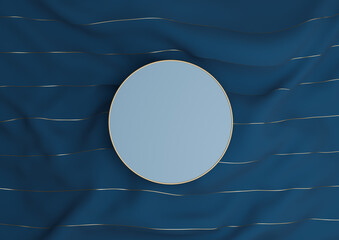 Dark, aqua blue 3D rendering luxury product display podium or stand on textile with golden threads simple composition top view flat lay from above