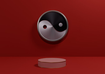 Bright maroon, dark red 3D rendering product display background simple minimal metallic Yin and yang symbol podium or stand with golden line, backdrop for nature, cosmetic, luxury product photography