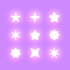 Obraz premium Set of stars shining in different shapes isolated on purple background. Vector illustration.