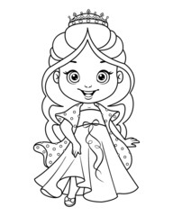 Little princess Cinderella coloring page. Black and white cartoon illustration