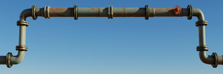 Fototapeta premium worn pipe in front of a clear sky forming a frame (pipe with valves, connectors and rivets, banner format 3x1)