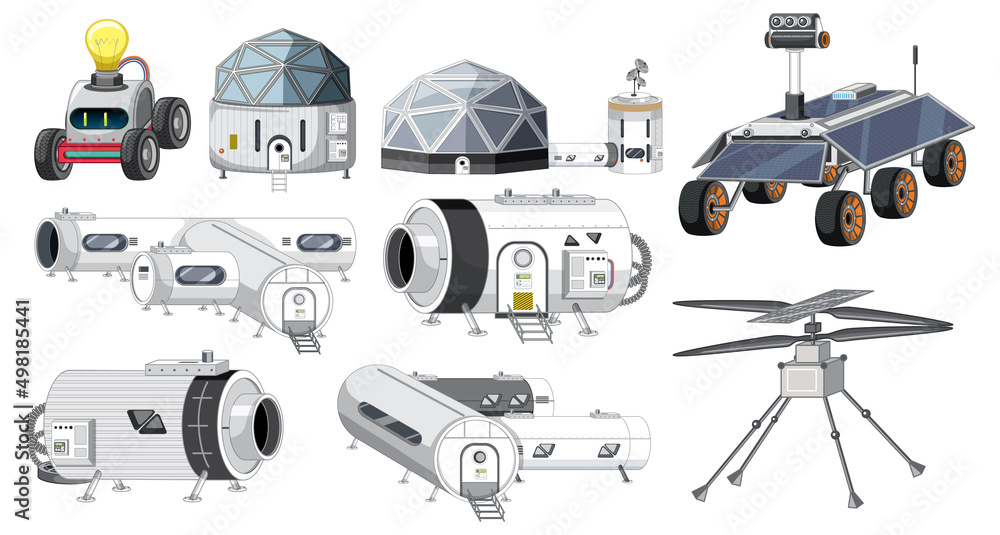 Wall mural set of spaceship and satellite objects