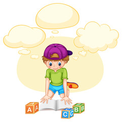 A kid reading book with speech bubble