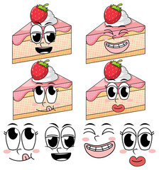 Set of facial expression vintage style cartoon with cake on white background