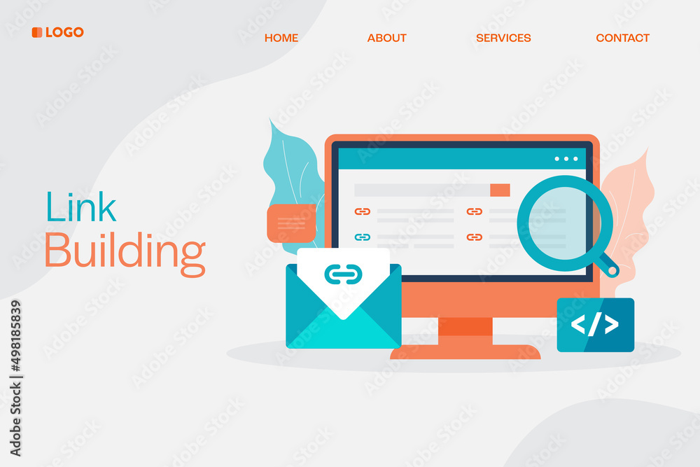Poster flat design concept of link building, search engine optimization strategy for website ranking develo