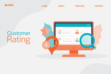 Multiple customer rating, review and feedback on computer screen, online customer experience, local shop review concept, flat design web banner template.