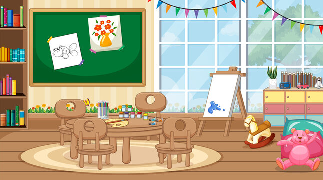 Scene with table and chairs in classroom