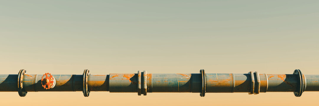 rusty pipe in sunlight (horizontal pipe with valves, connectors and rivets, with copy space, banner format 3 x 1)
