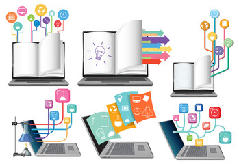 Books and laptops with education icons