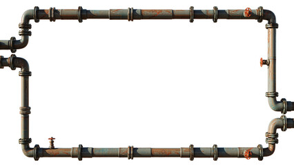 two worn pipes forming a frame around an empty space (pipes with valves, connectors and rivets on a white background)