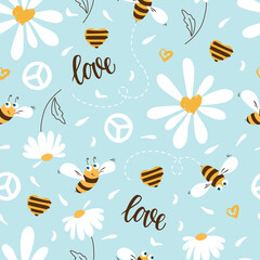 Daisy and bee seamless pattern. Flowers and cartoon bees, hearts on a blue background. Vector.