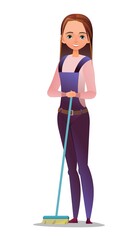 Little girl craftsman. Teen in apron. Master in workwear. Cheerful person. Standing pose. Cartoon comic style flat design. Single character. Illustration isolated on white background. Vector