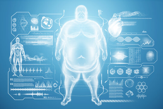 White horogram of a fat person on a blue background, vital signs, doctor's appointment. The concept of obesity, overweight, health problems, diet, diabetes. Copy space, 3D render, 3D illustration.