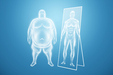 A fat person looks in the mirror and dreams of becoming thin. The concept of obesity, overweight, health problems, diet, diabetes. Copy space, 3D render, 3D illustration.