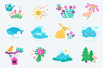 Naklejka premium Nature cute stickers set in flat cartoon design. Bundle of sun, cloud, flower, whale, ocean wave, rabbit, rain, bird, mountains, forest and other. Vector illustration for planner or organizer template
