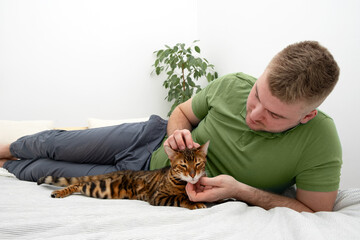 Caucasian handsome blond bearded man caressing,stroking beautiful bengal cat.People and pet, relationship,love,care.Animal and person friendship.Relaxing at home concept.Lifestyle