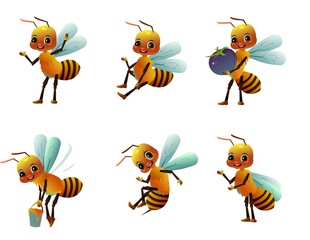 Obraz premium Set of Happy bee. Wildlife object. Little funny insect. Cute cartoon style. Isolated on white background. Vector