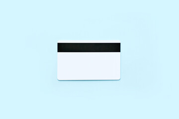 Plastic credit card mockup. Color blue and white background. Atm empty debit payment. Currency shopping with stripe
