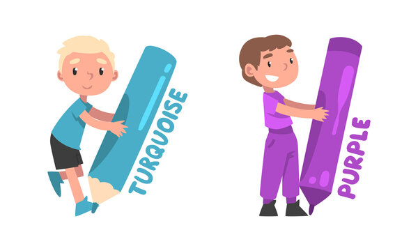Little children holding turquoise and purple pencils. Cute boys drawing with big crayons cartoon vector illustration