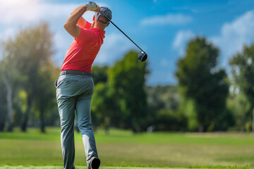 Pro golfer in a golf swing, using a driver golf club, rear view - obrazy, fototapety, plakaty