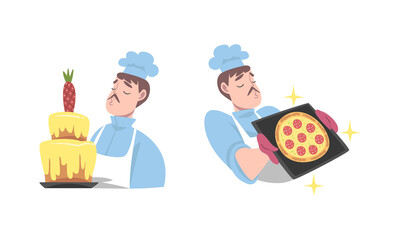 Cook chef in uniform cooking pizza and baking cake set cartoon vector illustration
