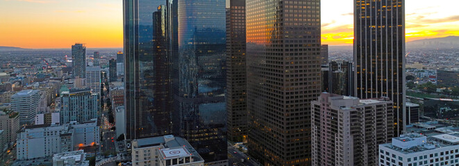 Los angeles panoramic city. Los Angeles downtown skyline, downtown cityscape skyline at sunset.