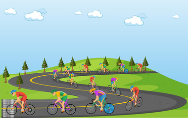 Cycling competition, cyclist athletes riding a race at high speed on the road. Flat vector illustration
