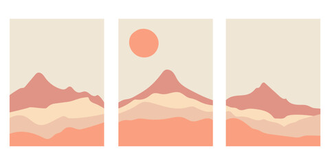 Collection of modern simple abstract landscapes in boho style: mountains and sun on the background