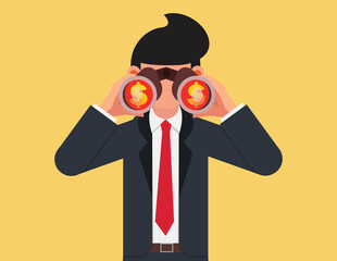 Looking for investment opportunity. businessman investor look through binoculars to see money dollar sign, searching for yield