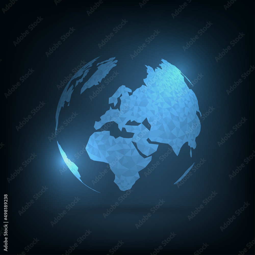 Aufkleber global geography in polygonal pattern. 3d world maps on dark blue background.
