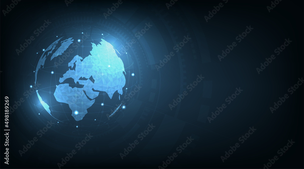 Fototapete global geography in polygonal pattern and connection on dark blue background.futuristic technology i