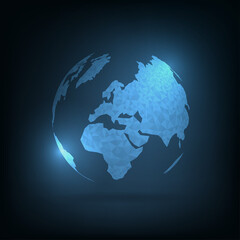 Obraz premium Global geography in polygonal pattern. 3D World Maps on dark blue background.