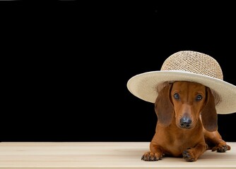 A fashionable dachshund hunting dog lies in a wide-brimmed summer designer hat on a black...