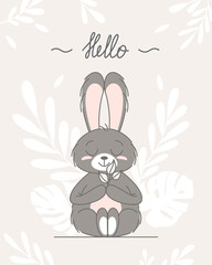 Cute bunny, baby and children concept. Happy easter rabbits different poses cartoon characters. Card with Cute bunny. Bunny with floral leafs. Design for baby, kids poster, card, invitaton. Vector