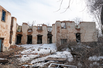 War ruins. Destroyed city after the bombing. Dead city. Bombed buildings.