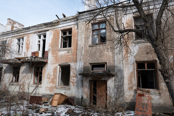 War ruins. Destroyed city after the bombing. Dead city. Bombed buildings.
