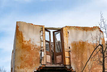 War ruins. Destroyed city after the bombing. Dead city. Bombed buildings.