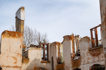 War ruins. Destroyed city after the bombing. Dead city. Bombed buildings.