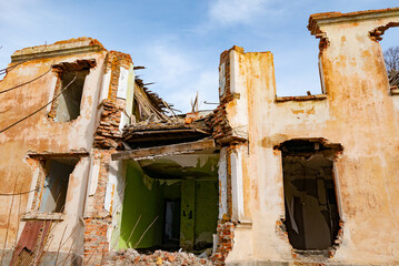 War ruins. Destroyed city after the bombing. Dead city. Bombed buildings.