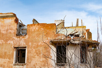 War ruins. Destroyed city after the bombing. Dead city. Bombed buildings.