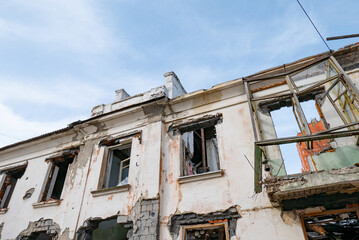 War ruins. Destroyed city after the bombing. Dead city. Bombed buildings.