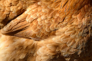 Close up of red chicken feathers