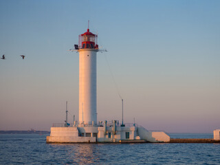 The Vorontsov Lighthouse in the Black Sea port of Odessa, Ukraine in the evening. The current lighthouse is the third to stand on the same spot. The first was built in 1862 and was made of wood.