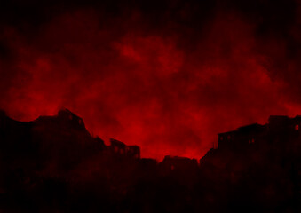 霧の中の廃墟の街のイラスト赤