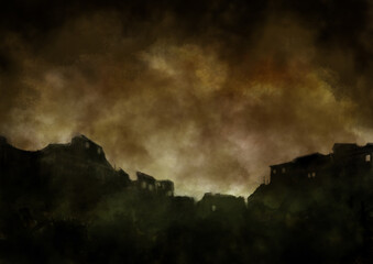 霧の中の廃墟の街のイラスト