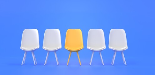 Chairs standing in row, one yellow seat among many white, front view. Hiring and recruiting concept. Job opportunity, search new talent, vacancy, hire staff, 3d render illustration of vacant seat