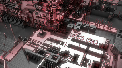 Circuit board with microchips, processors and other hi-tech parts. Iron and coper. Futuristic technology. Circuit board micro structure cyberspace. 3d sci fi background. 3d render. 3d illustration.
