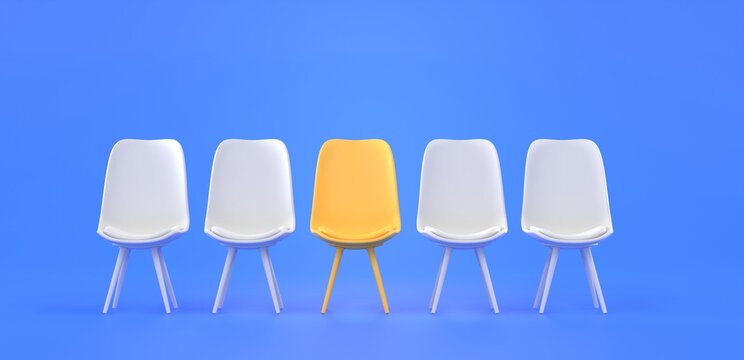 Chairs Standing In Row, One Yellow Seat Among Many White, Front View. Hiring And Recruiting Concept. Job Opportunity, Search New Talent, Vacancy, Hire Staff, 3d Render Illustration Of Vacant Seat