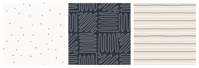 Masculine neutral colors seamless pattern set. Square maze, stripes and abstract marks coordinating vector design collection for fashion textile.